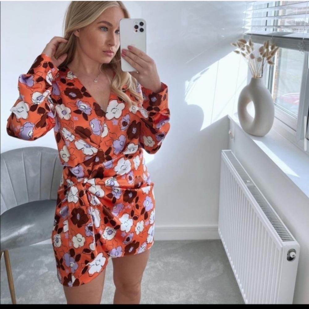 Zara Floral Satin V-Neck Dress with Tie NWT